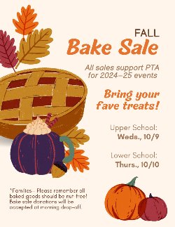 Fall Bake Sale. Illustrations of leaves, pumpkins and pie.